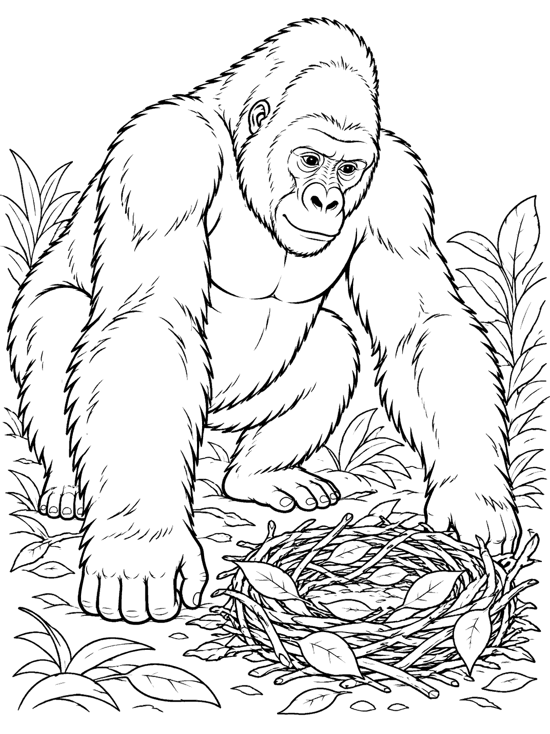 Crouching gorilla beside an empty woven nest and scattered leaves
