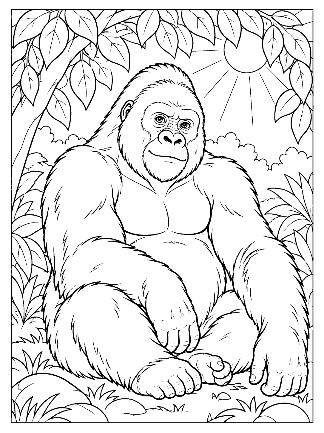 A seated gorilla beneath a leafy canopy with outlined sun rays overhead.