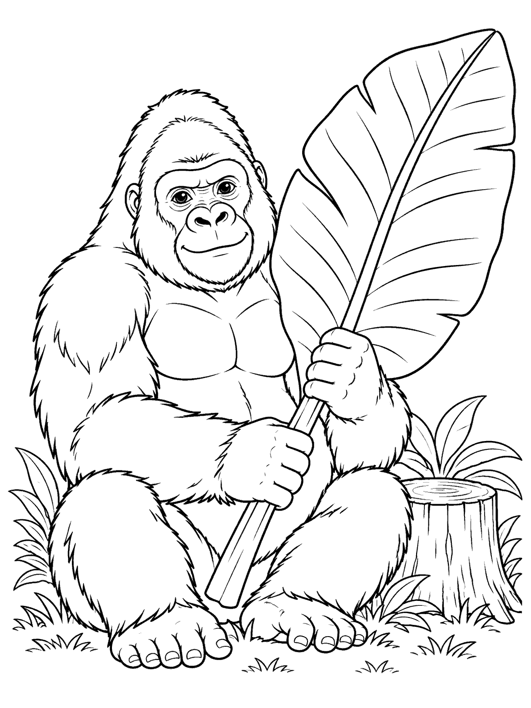A seated gorilla holding a large veined banana leaf beside a tree stump.