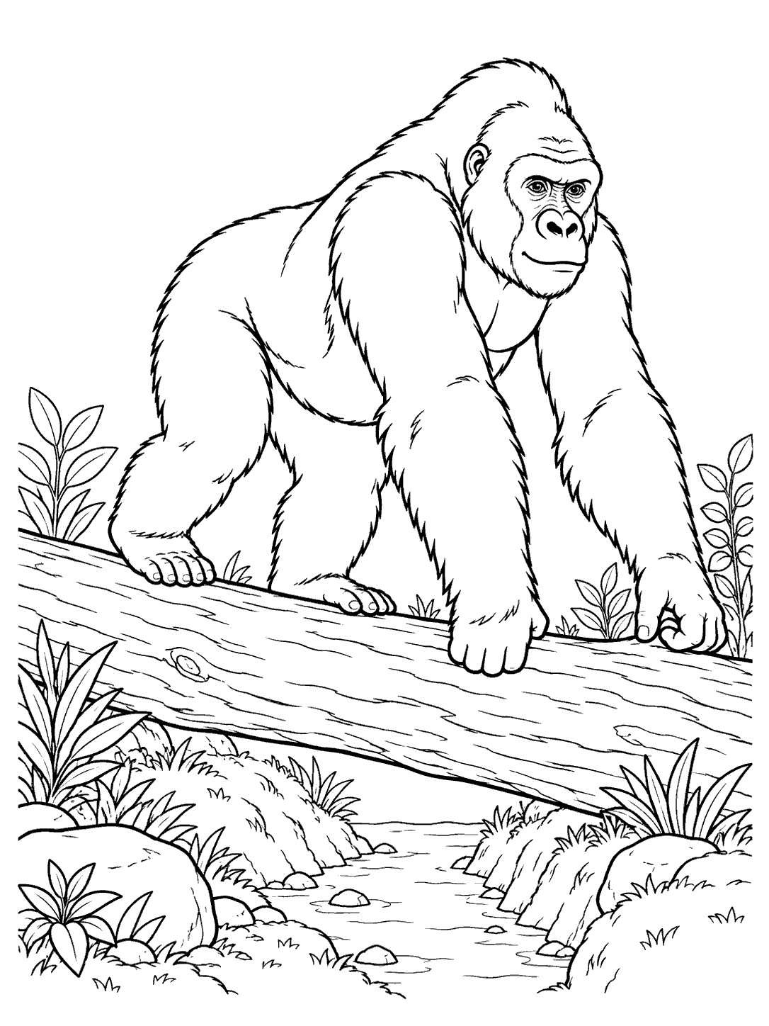 Gorilla crossing a fallen log over a shallow ditch, with small plants and rocks nearby.