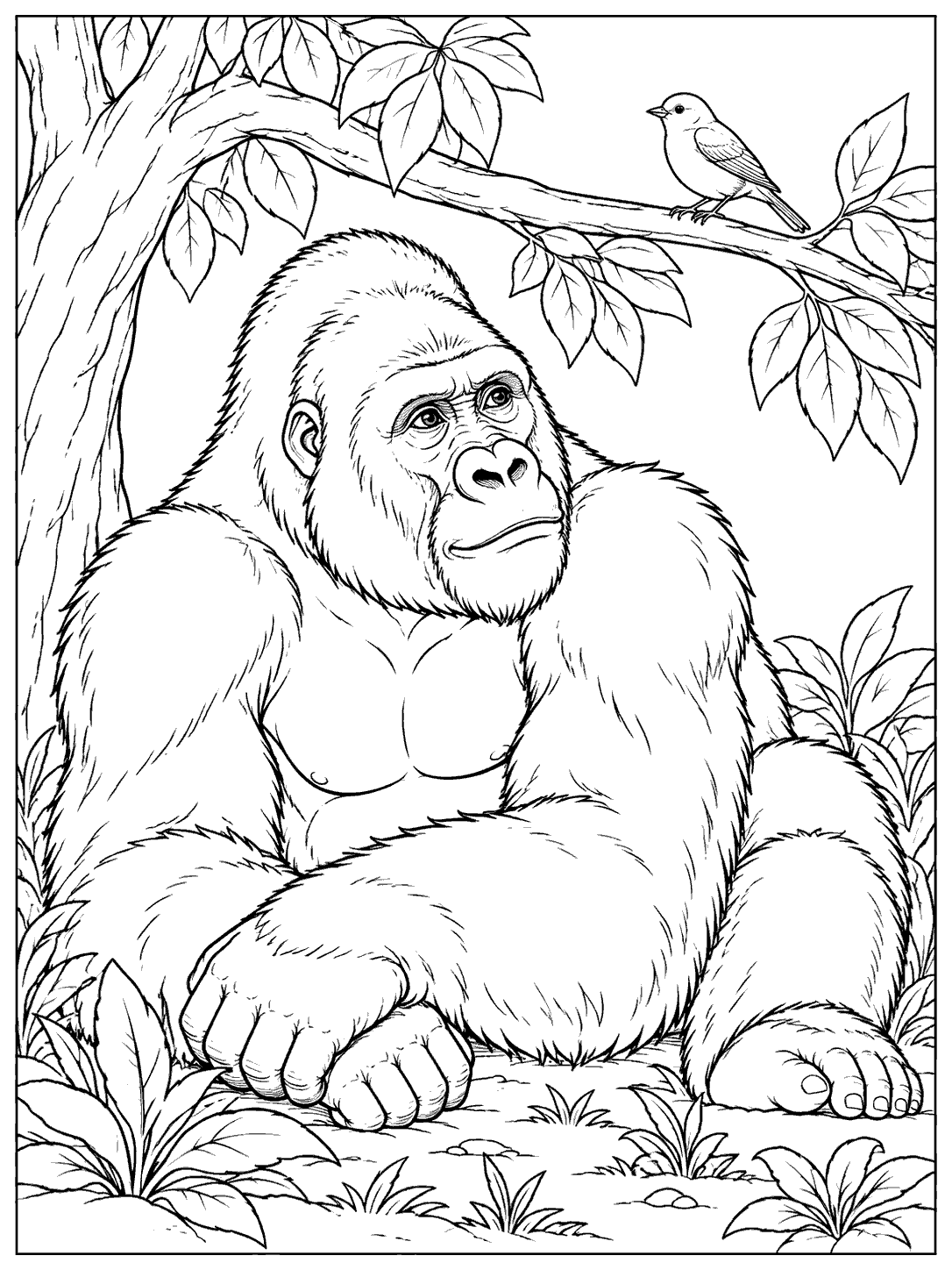 A resting gorilla beneath a leafy branch with one small songbird perched above