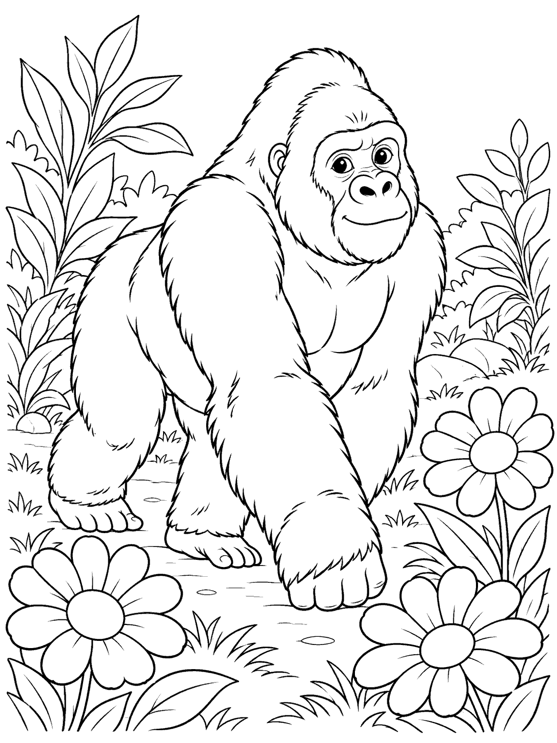 Friendly gorilla walking through a garden with three large flowers and leafy plants