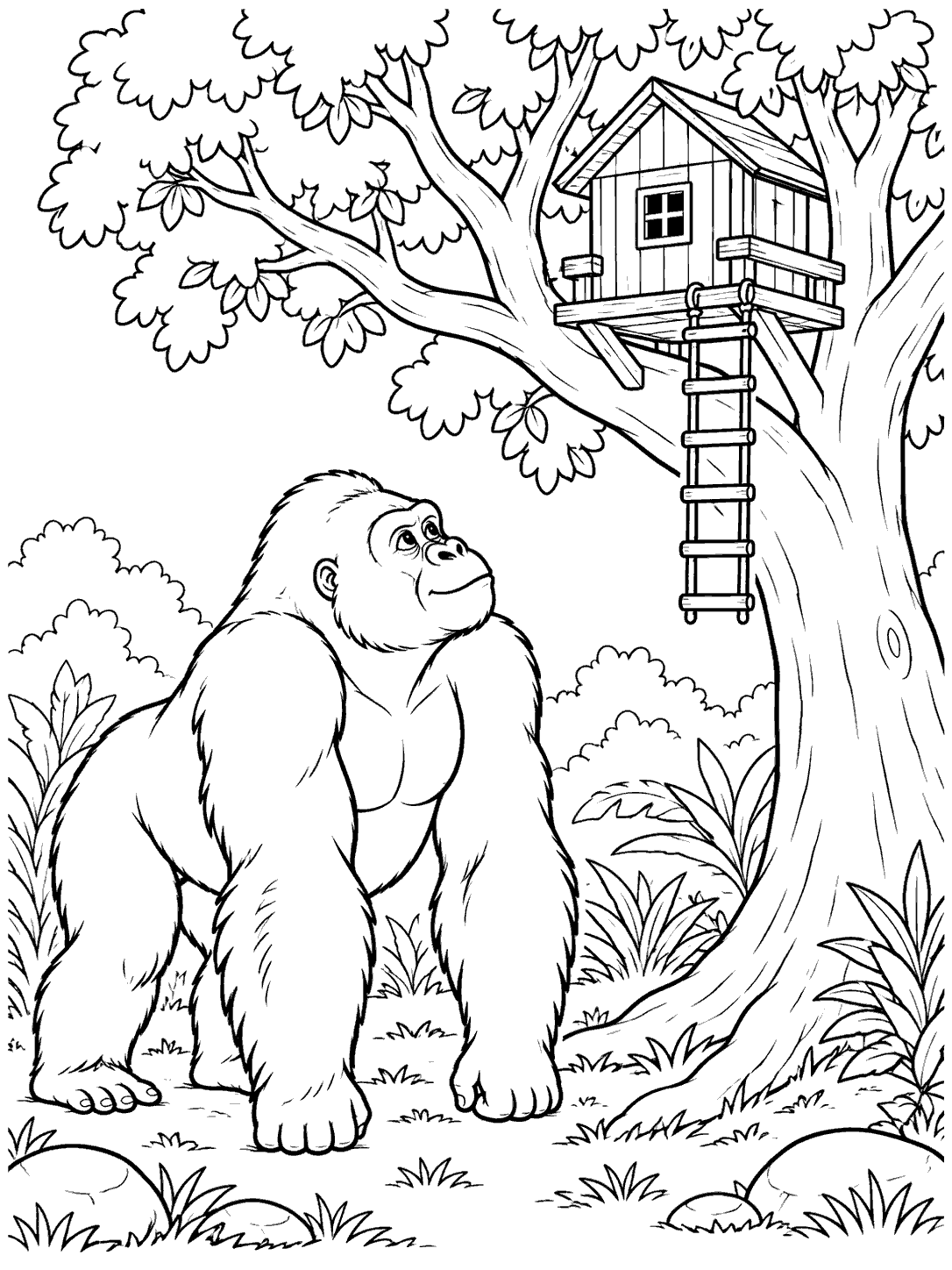 A gorilla standing beneath a leafy tree, looking up at a small treehouse with a window and ladder.