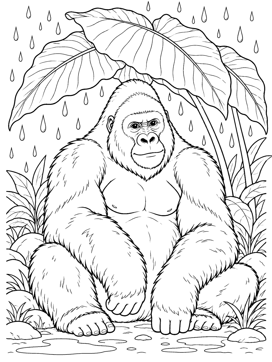 A seated gorilla beneath overlapping leaves, surrounded by outlined raindrops and plants.