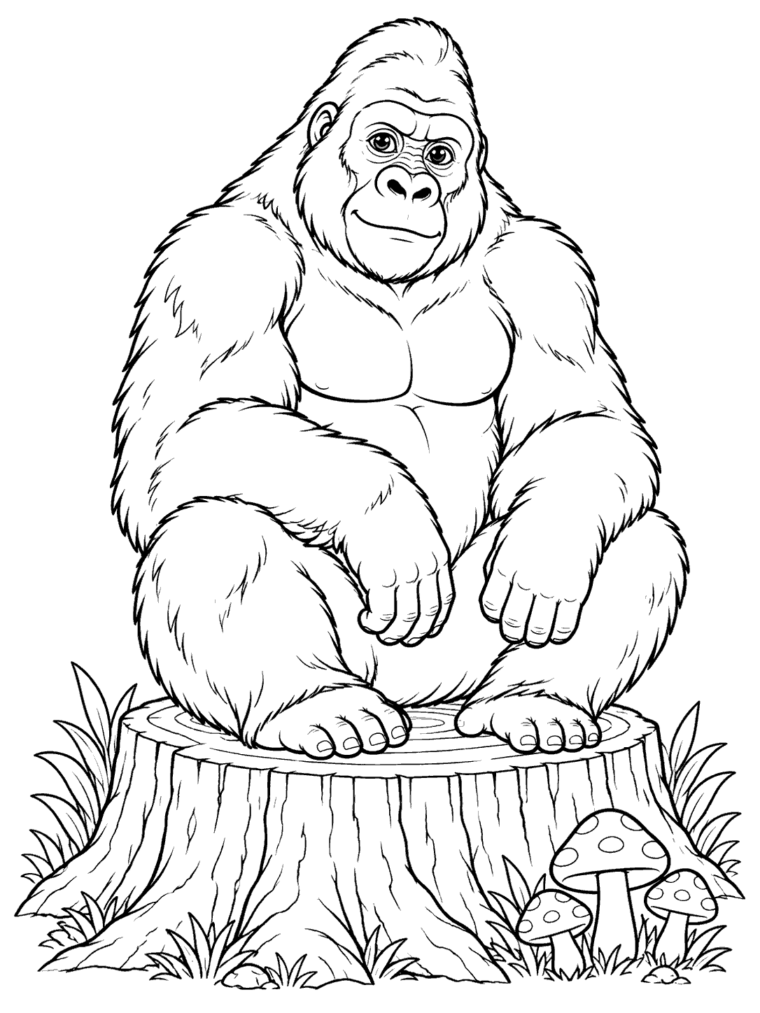 A seated gorilla with hands resting on its legs, perched on a broad tree stump beside three mushrooms and surrounding leaves.