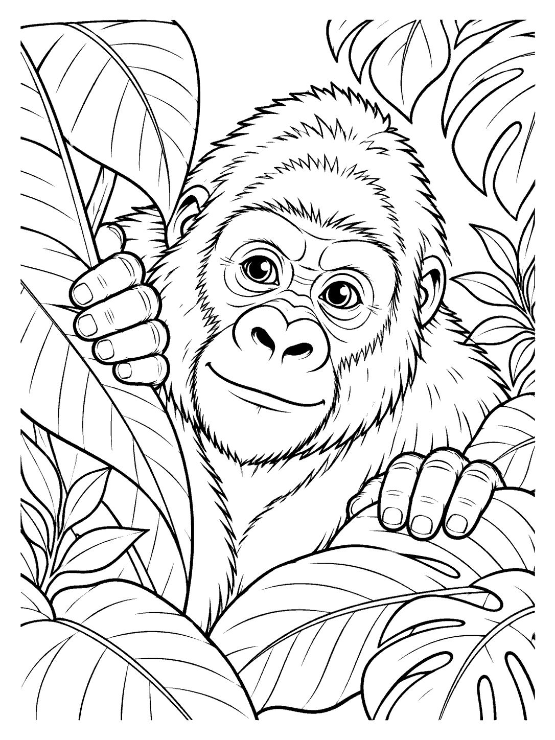 Curious gorilla peeking between large forest leaves, with both hands visible.