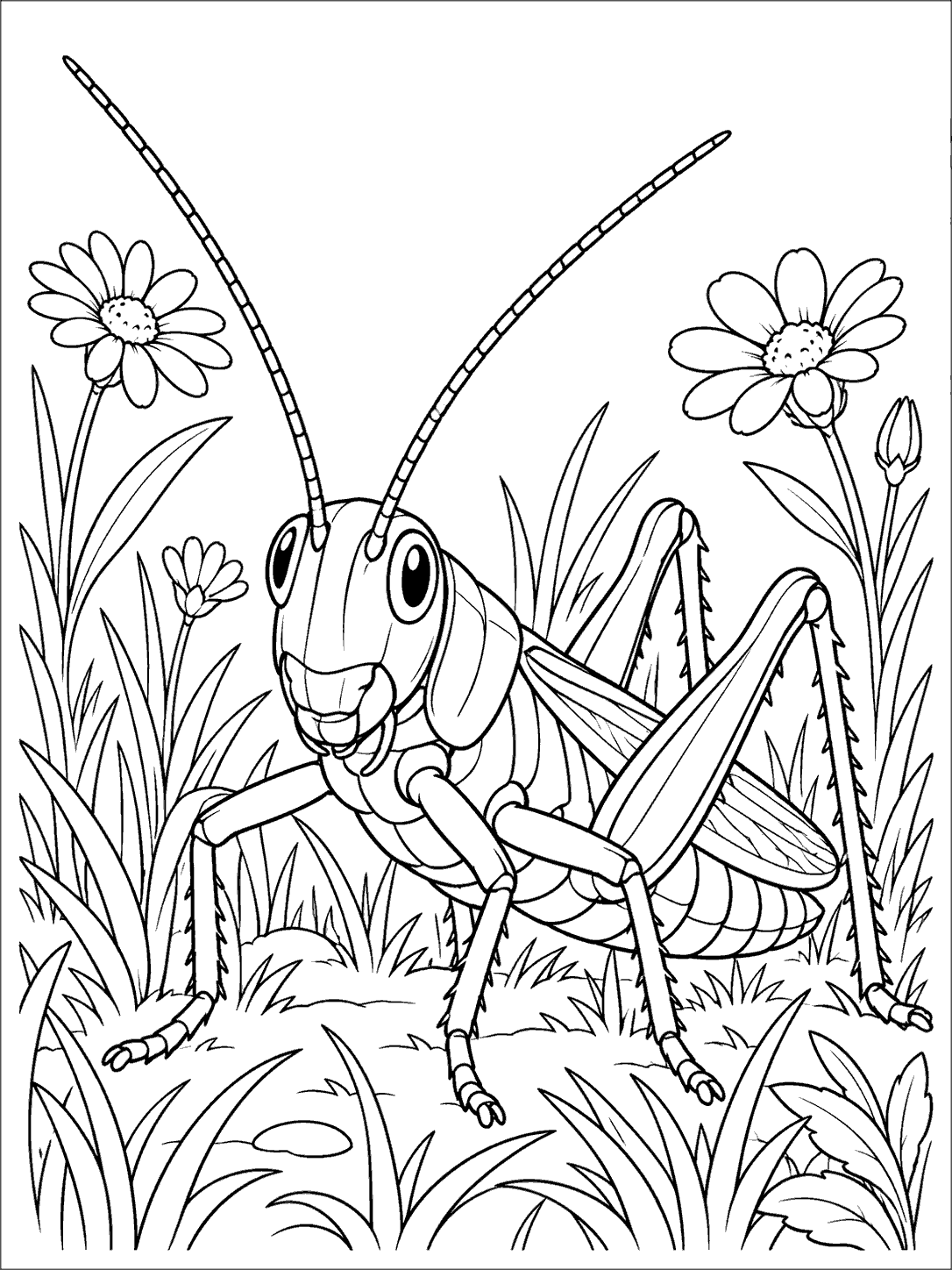 Black-and-white coloring page showing a grasshopper with prominent bent hind legs among meadow flowers and grass.