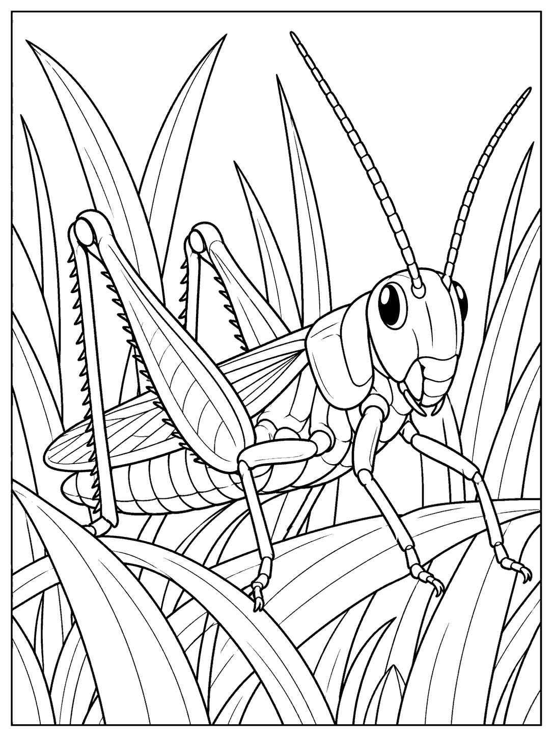 Full-bodied grasshopper with long antennae and jumping legs among tall grass blades.