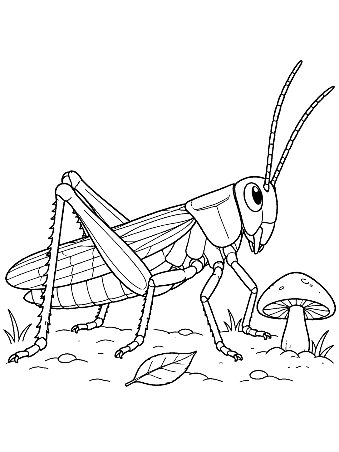 Detailed side-view grasshopper with folded wings and long antennae beside a mushroom and tiny leaf.