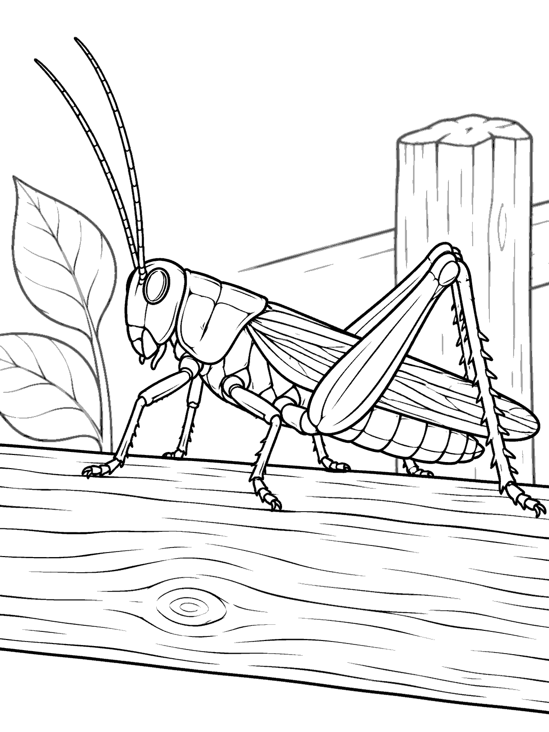 A side-view grasshopper with long antennae and folded wings stands on a wooden fence rail, with a leaf and fence post behind it.