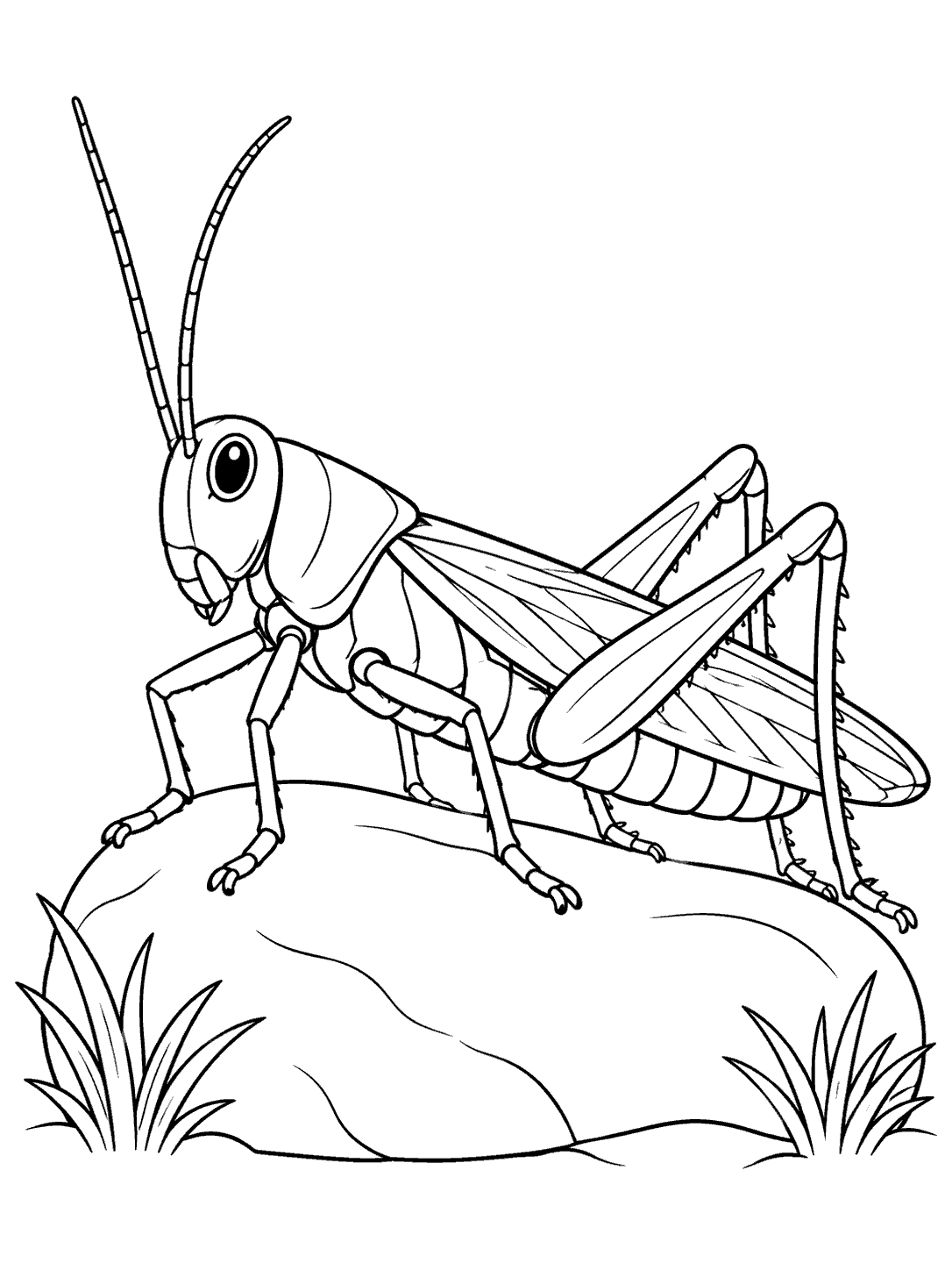 Black line art of a grasshopper with long antennae and six visible legs resting on a broad rock, with grass tufts at either side.