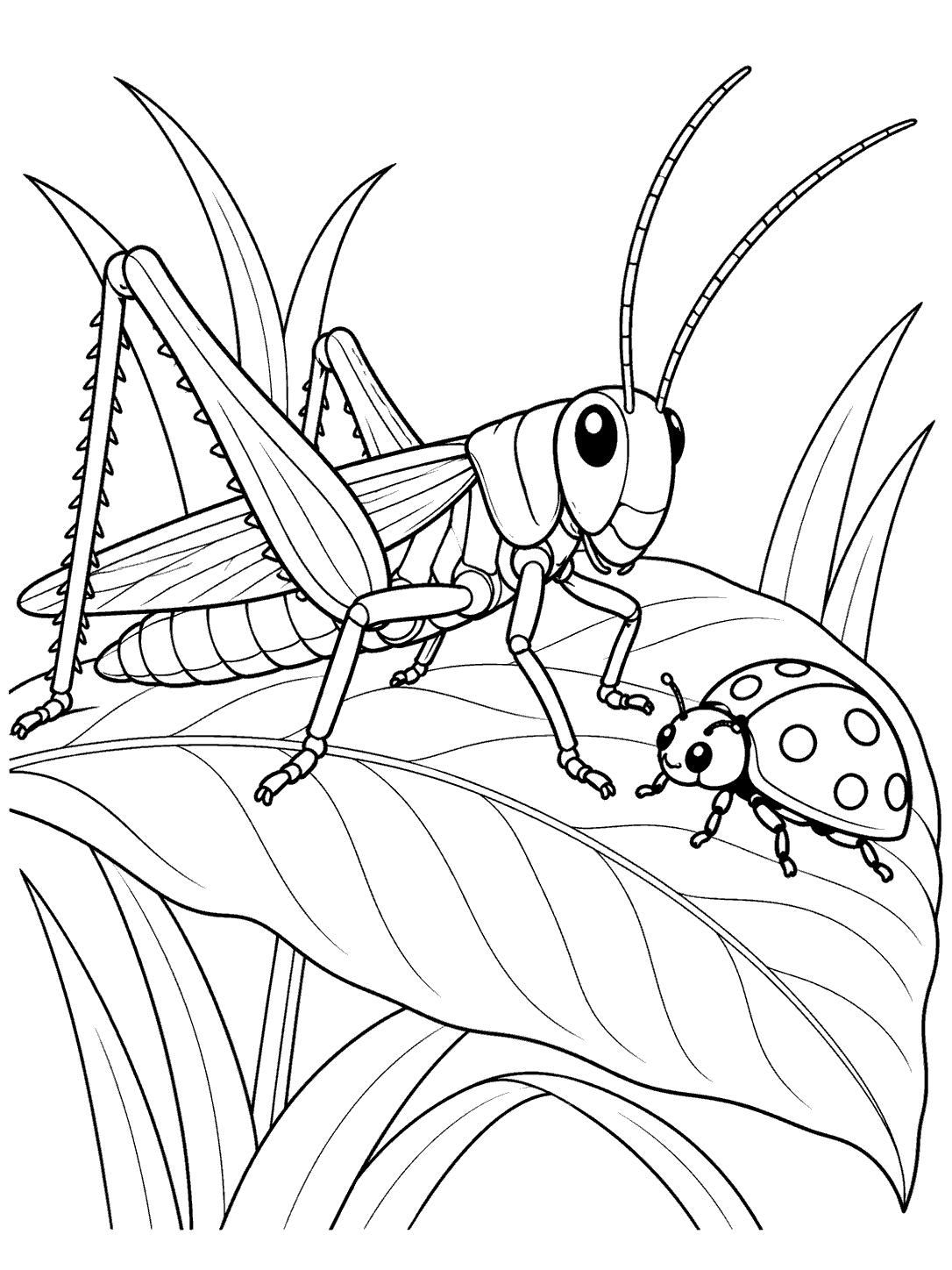 A large grasshopper with long hind legs and antennae shares a broad leaf with a small spotted ladybug.