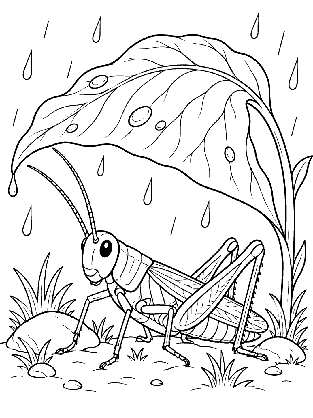 A segmented grasshopper with long antennae and folded hind legs shelters under a large veined leaf, with raindrops and small plants around it.