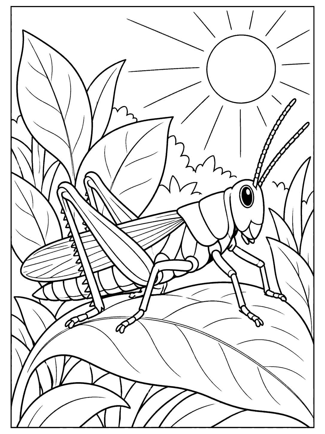 Large grasshopper standing on a broad leaf among foliage, with a sun and outlined rays above.