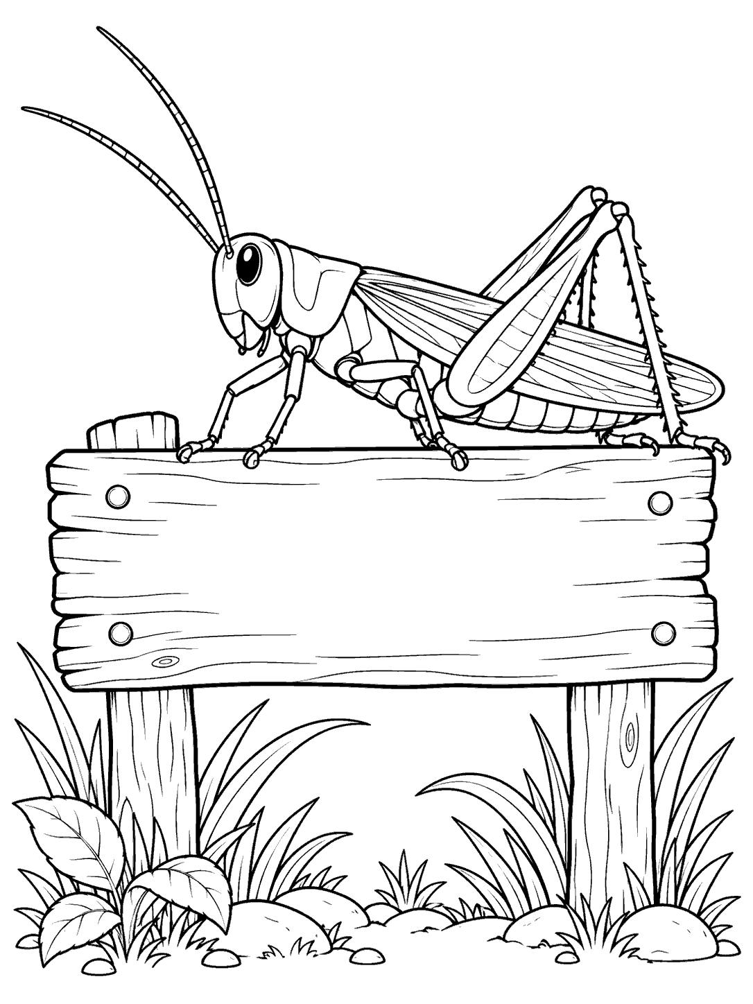 Side-view grasshopper with long antennae and folded wings perched on a blank wooden garden sign, surrounded by grass and small plants.