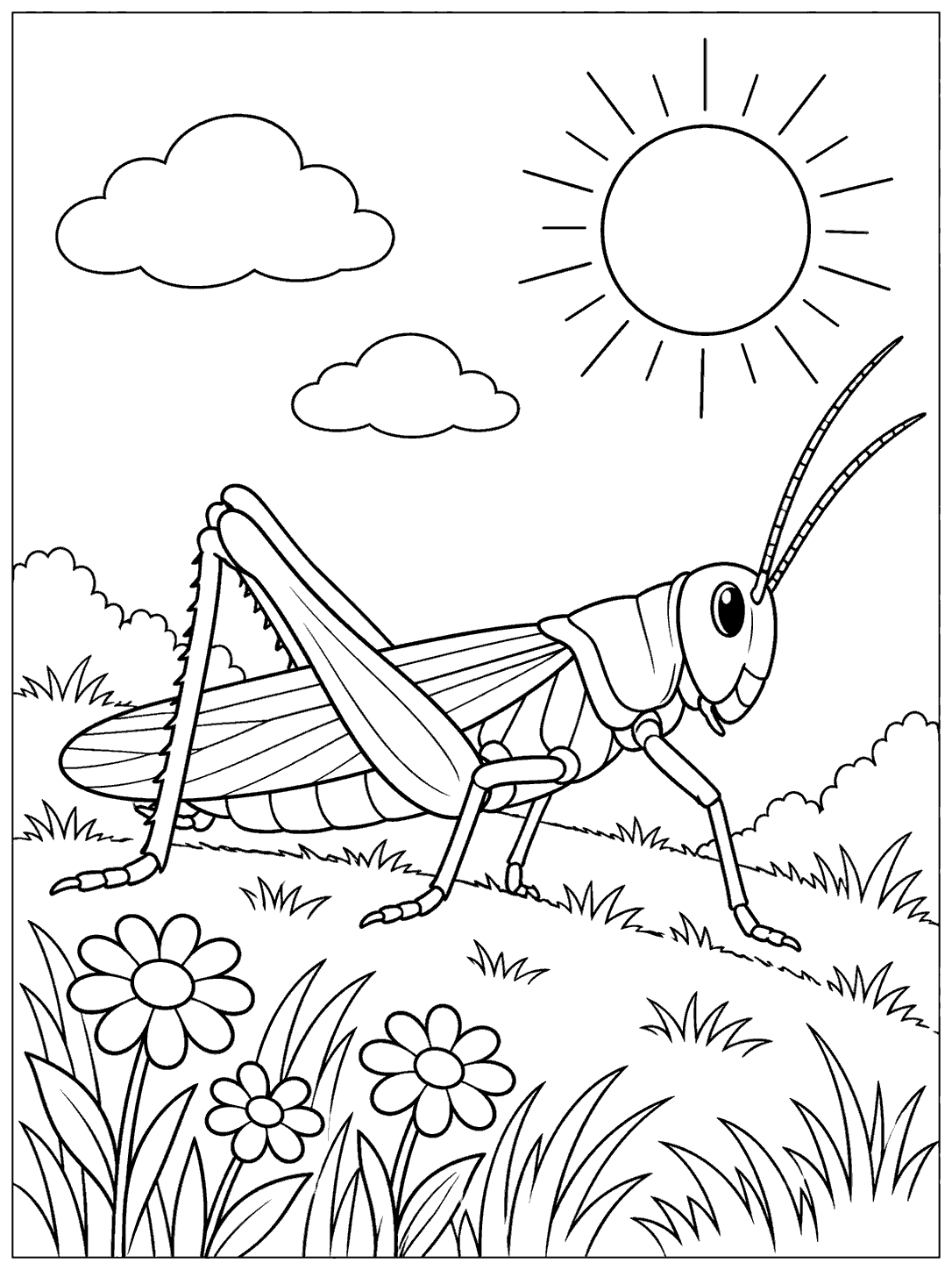 Large profile grasshopper with long antennae and folded wings on a flowered meadow hill beneath a sun and two clouds