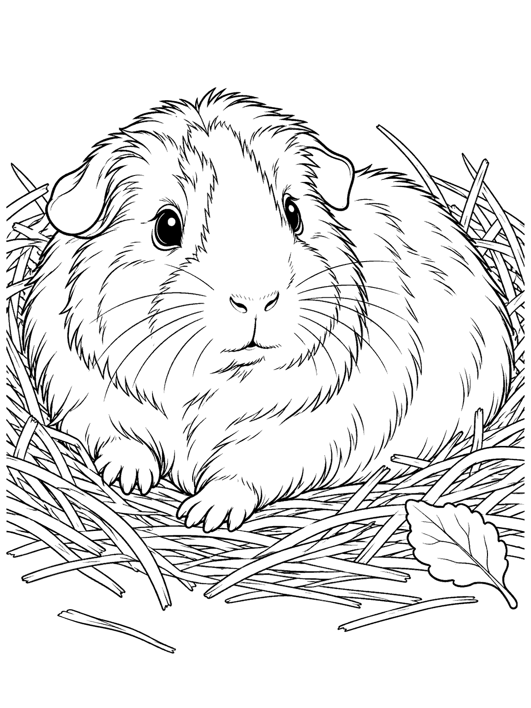 Black-and-white coloring page of a fluffy guinea pig curled in hay beside a leaf