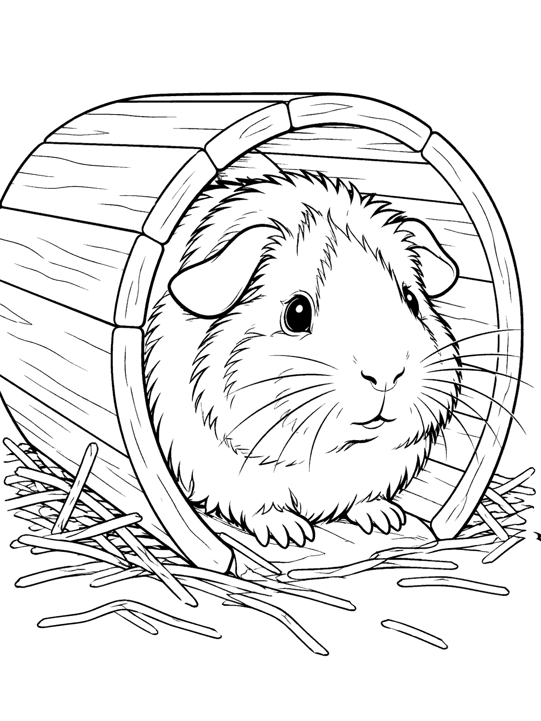 Curious guinea pig peeking through a wooden tunnel, with scattered hay, in a coloring page