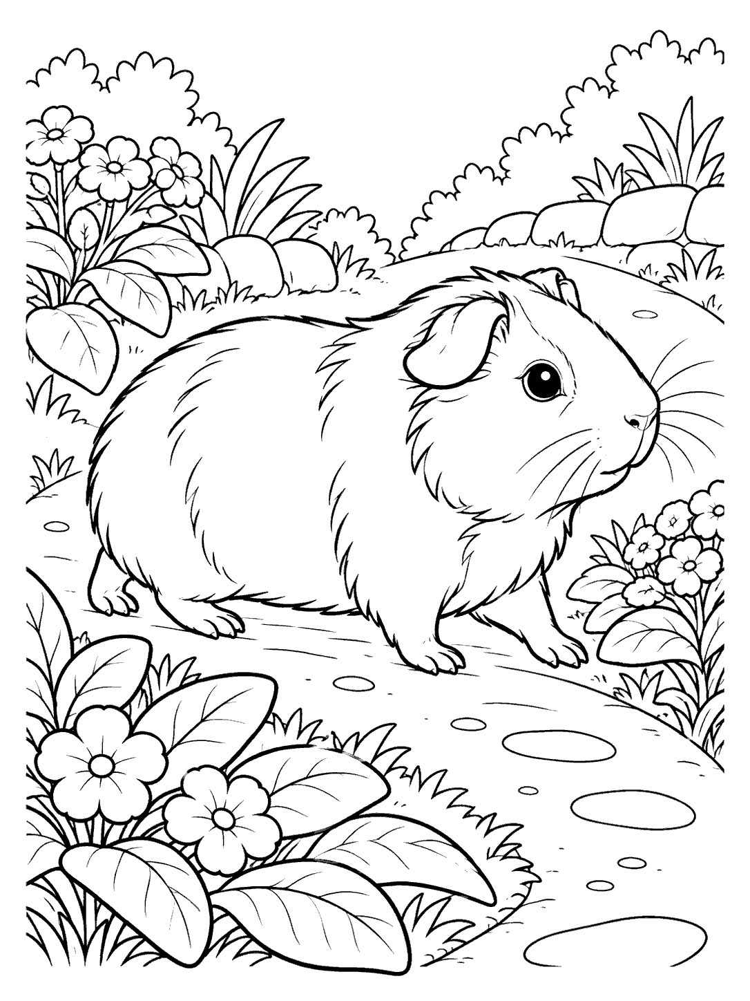 Side-view guinea pig walking along a flower-lined garden path coloring page