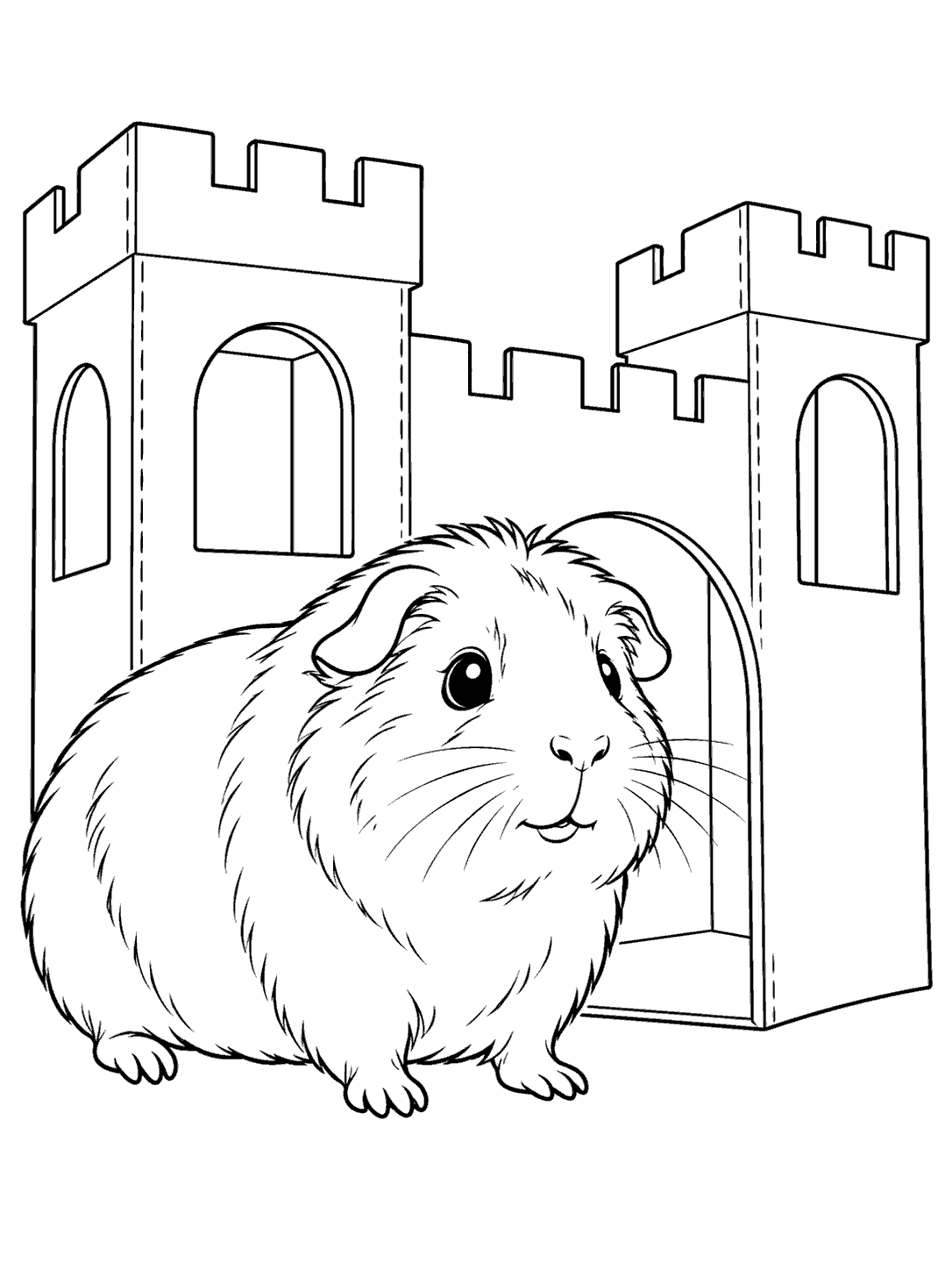 Black and white coloring page of a fluffy guinea pig beside a two-tower cardboard play castle