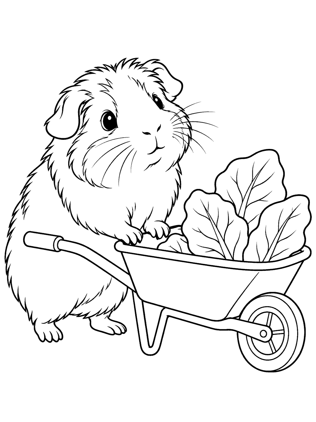 Guinea pig beside a leaf-filled wheelbarrow on a coloring page