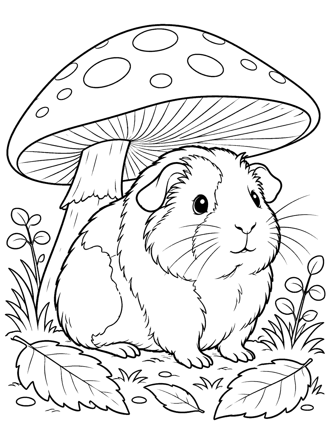 Guinea pig beneath a spotted mushroom, surrounded by leaves and small plants, in a coloring page.