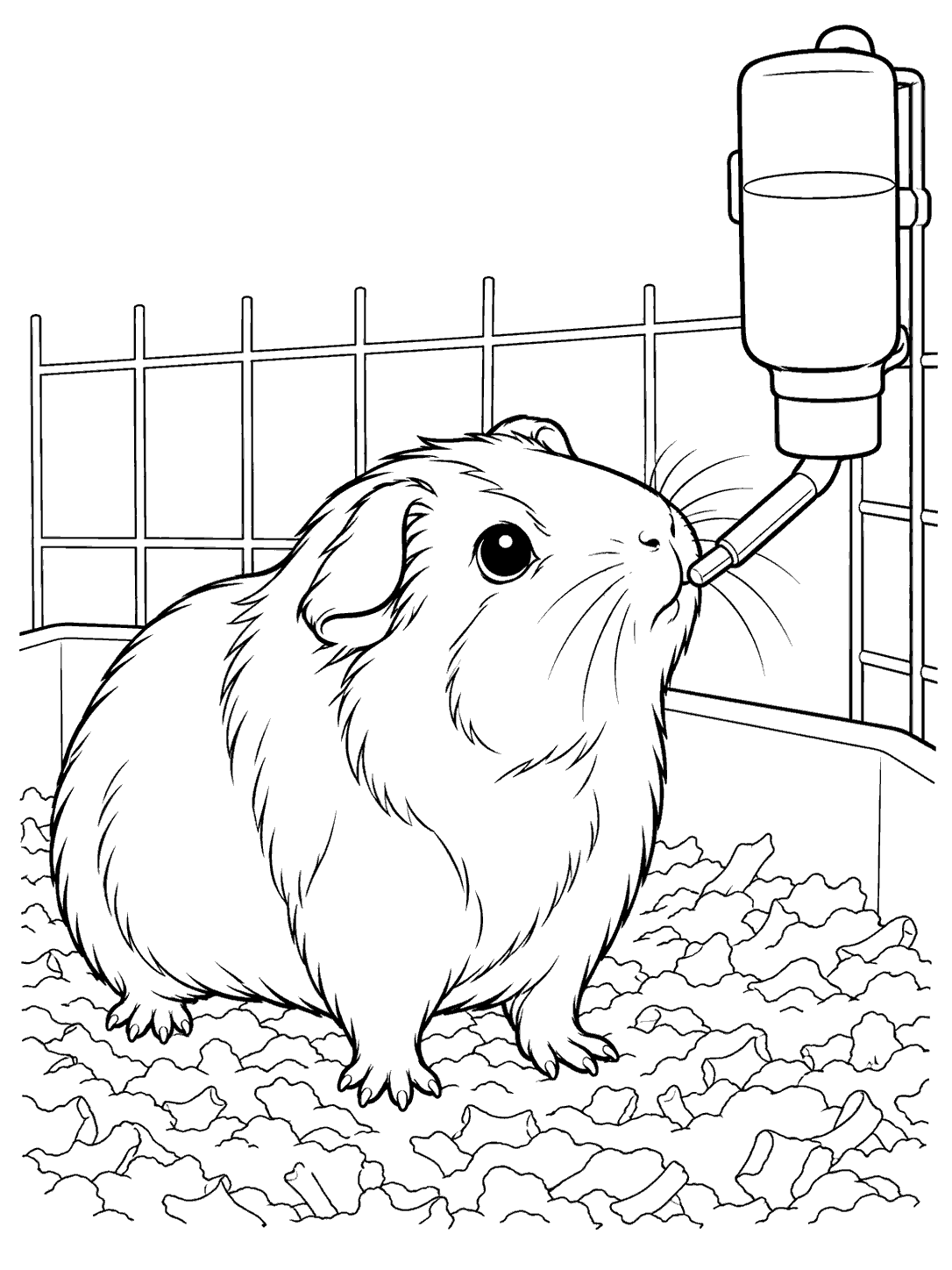 Guinea pig beside a hanging water bottle in a printable coloring page