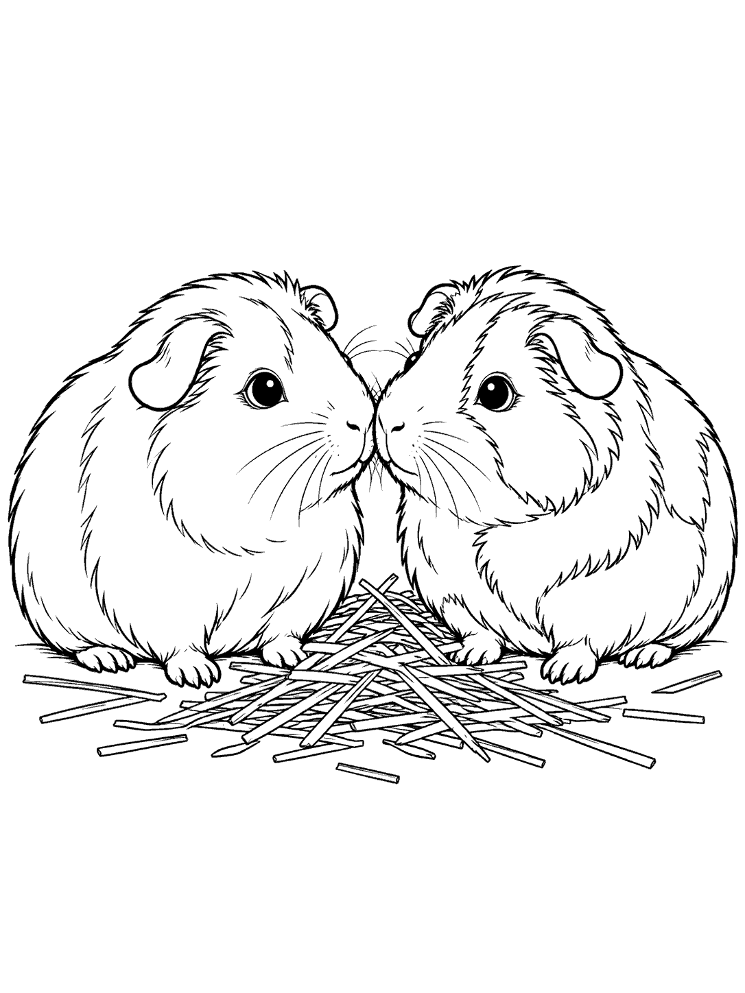 Two guinea pigs meeting beside hay coloring page