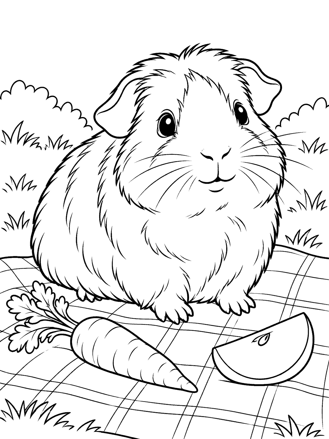 Black-and-white guinea pig coloring page with a carrot and apple slice on a picnic blanket.