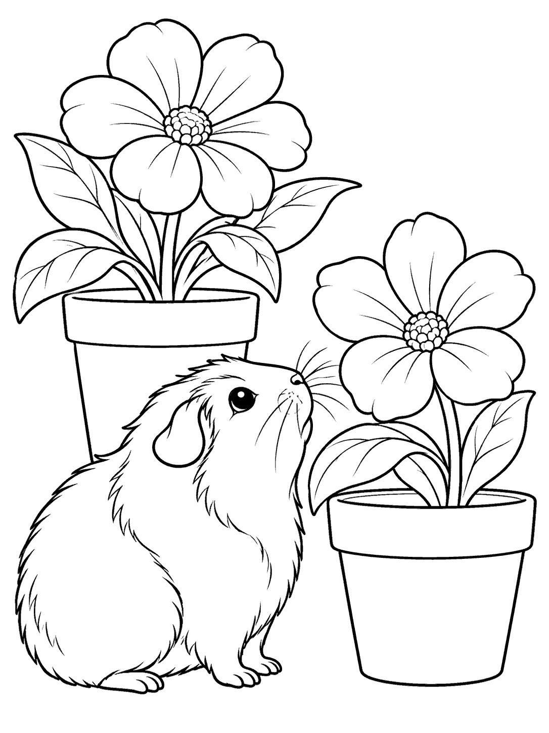 Guinea pig in profile looking up at two potted flowers on a printable coloring page