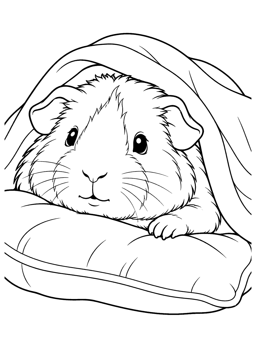 Black-and-white coloring page of a guinea pig tucked under a blanket, resting one paw on a cushion.
