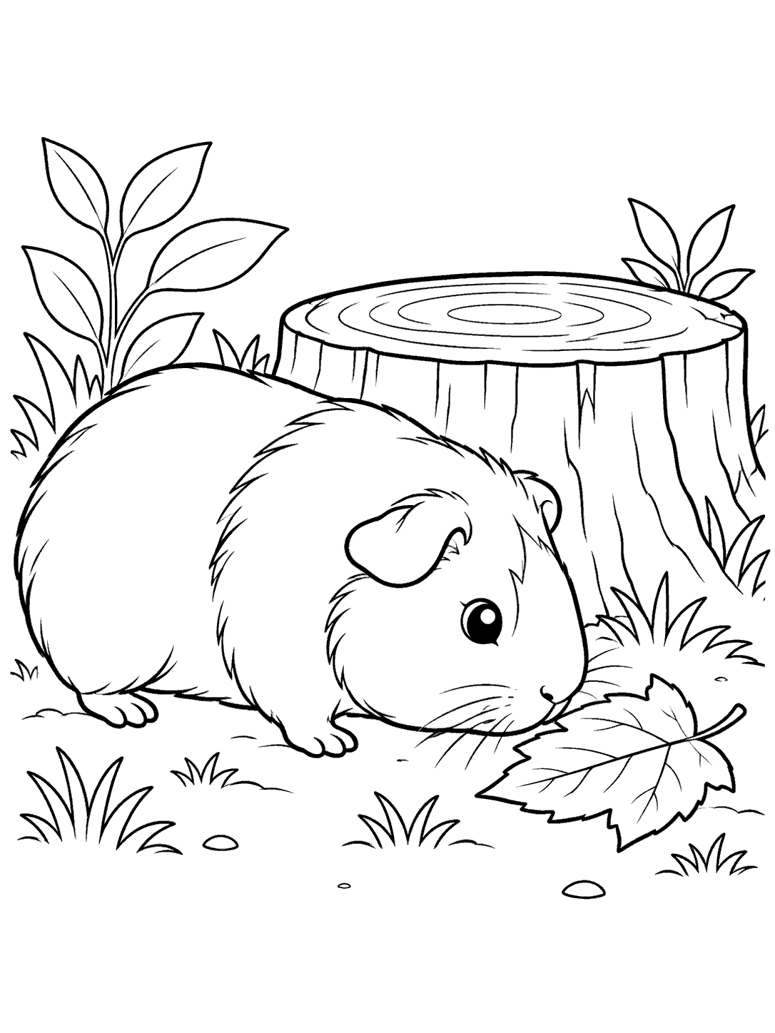 A guinea pig sniffing a fallen leaf beside a broad tree stump in a black-and-white coloring page.