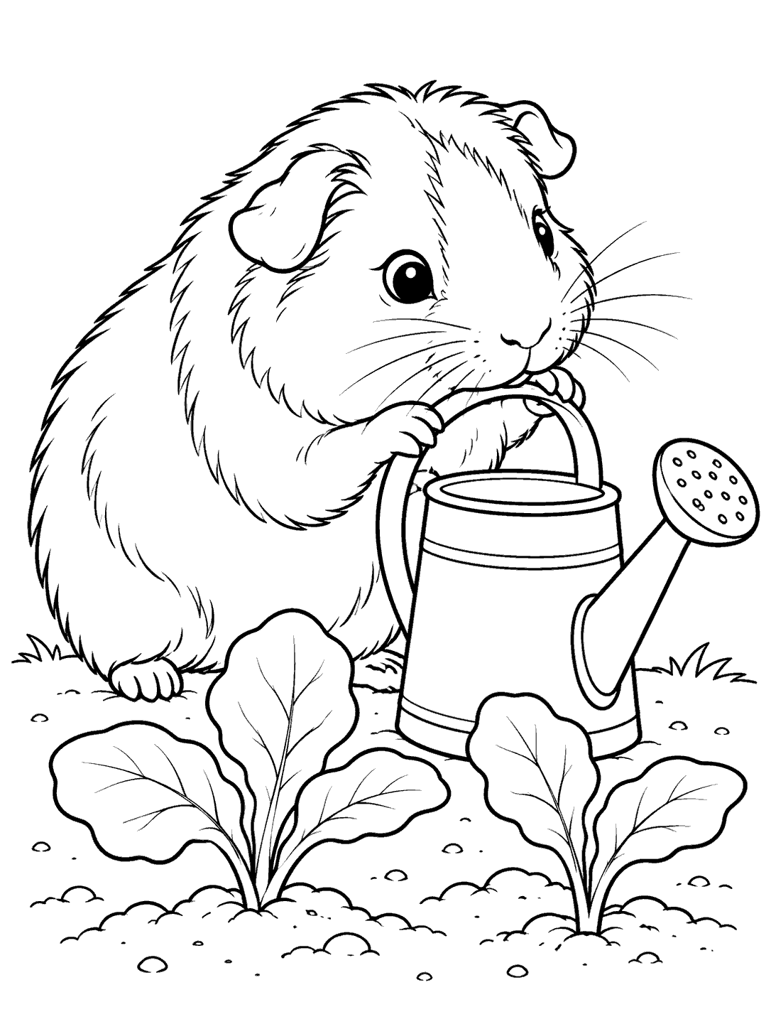 Guinea pig beside watering can and two seedlings coloring page