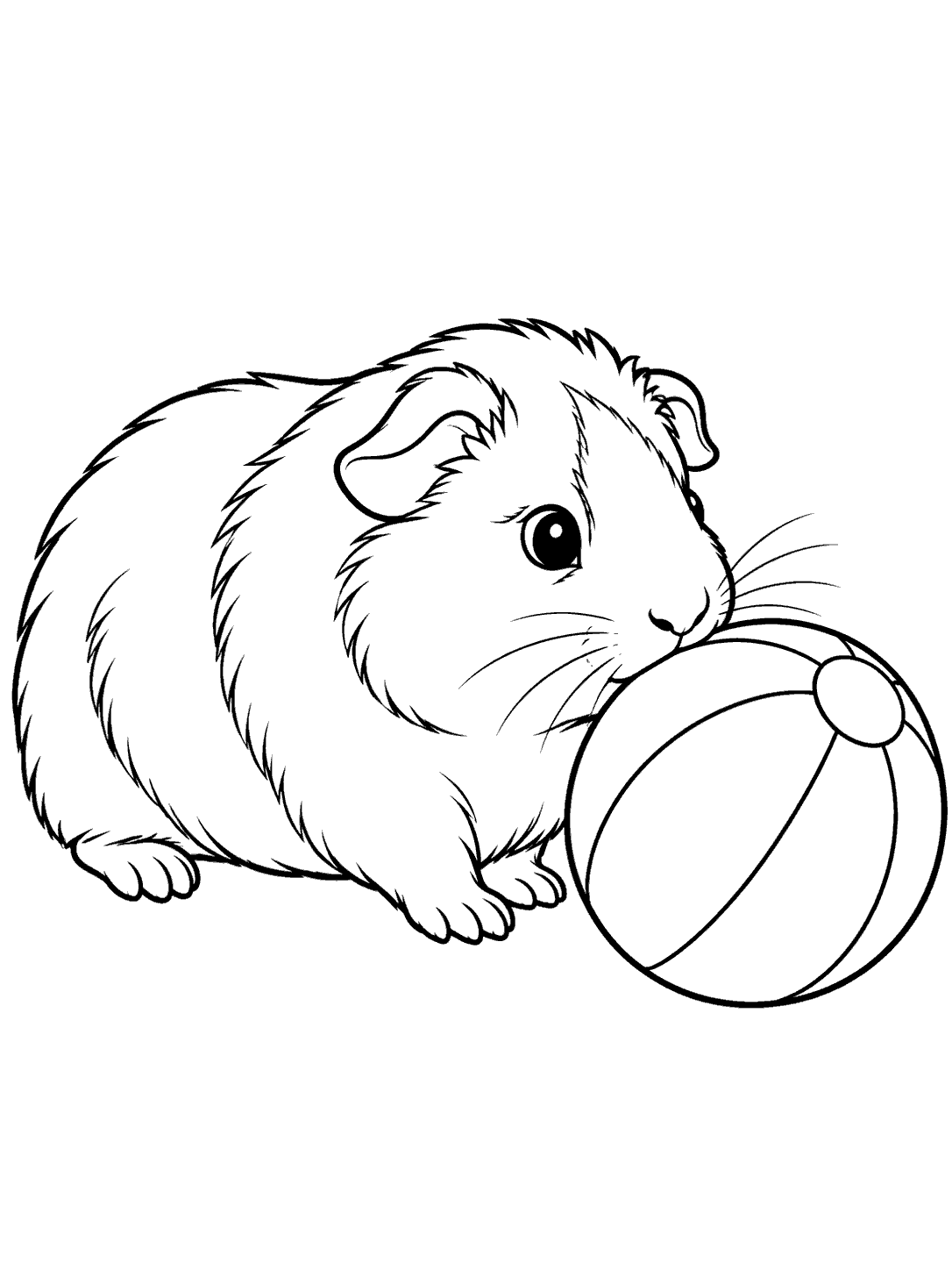 Black and white coloring page of a fluffy guinea pig nudging a round paneled toy ball