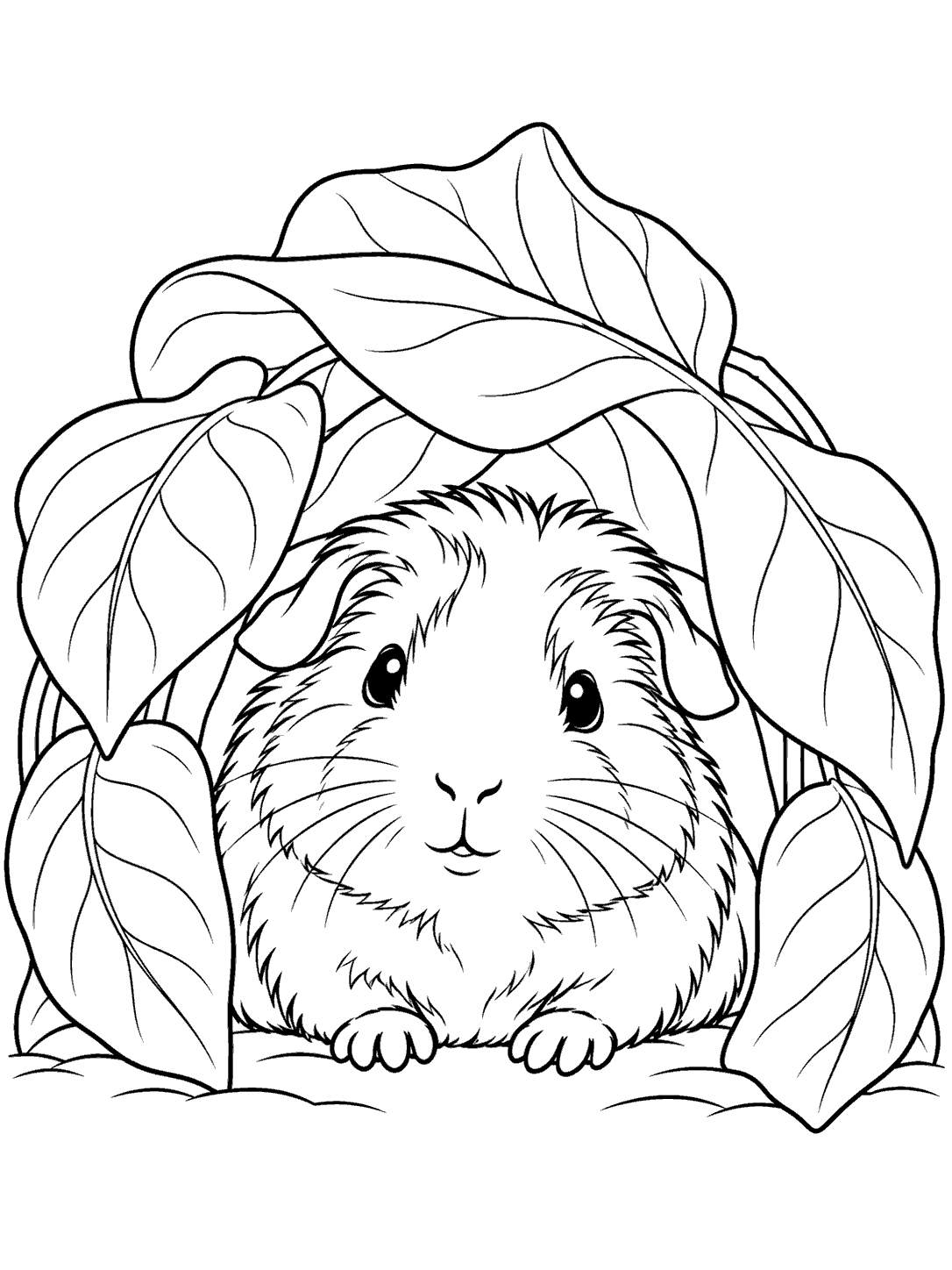 Black-and-white coloring page of a guinea pig sitting at the entrance to a leafy hideaway, with its face and forepaws visible.