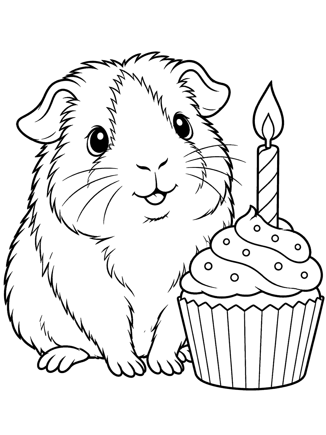 Black-and-white guinea pig coloring page showing a seated guinea pig beside an iced cupcake with a candle.