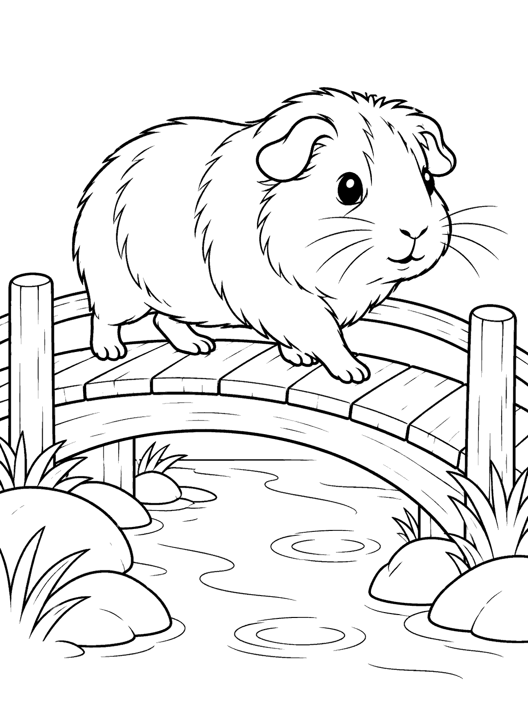 Black-and-white guinea pig walking across an arched wooden footbridge over a stream, with rocks, plants, and ripples.