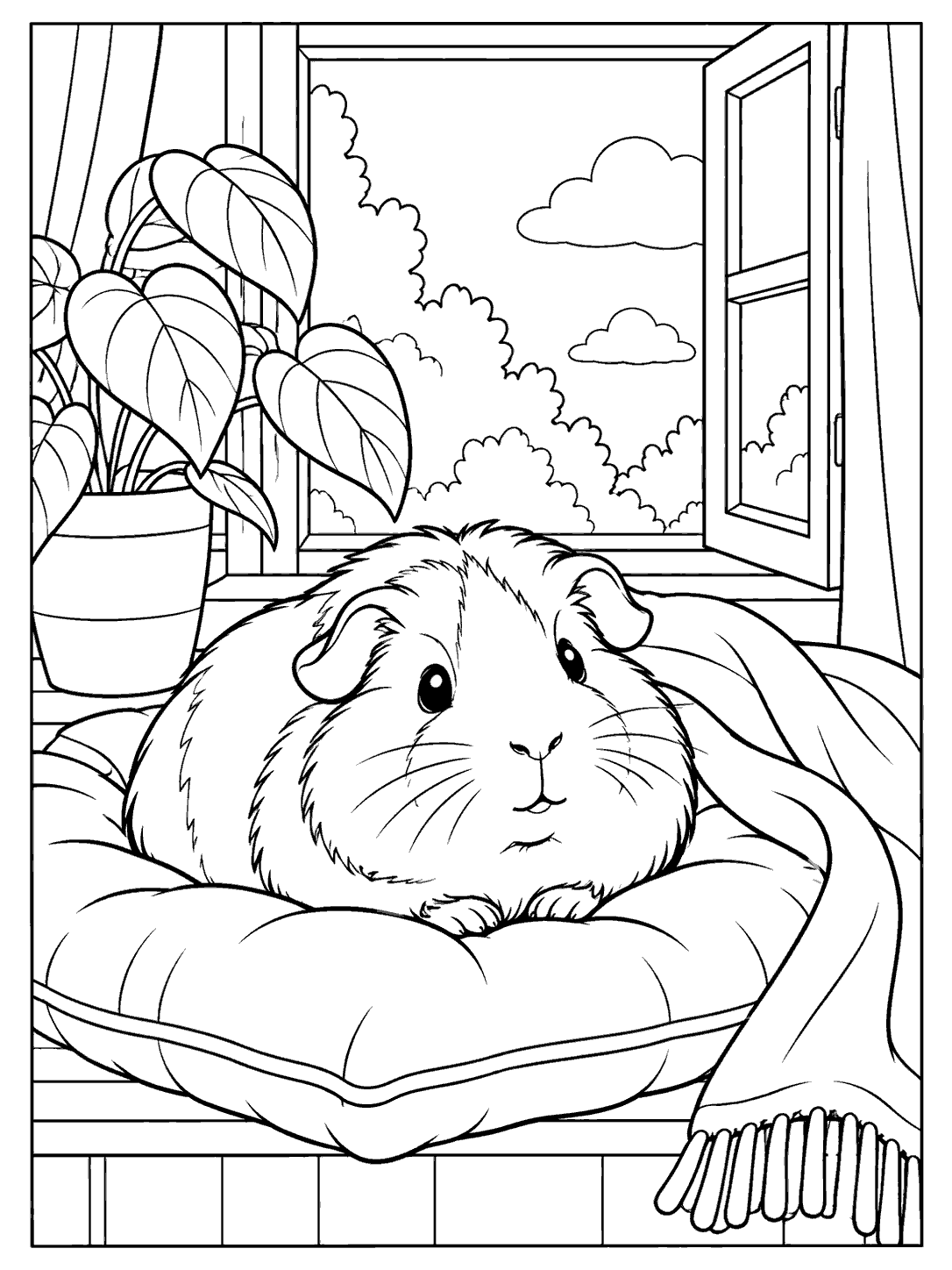 Fluffy guinea pig resting on a cushion in a window nook coloring page