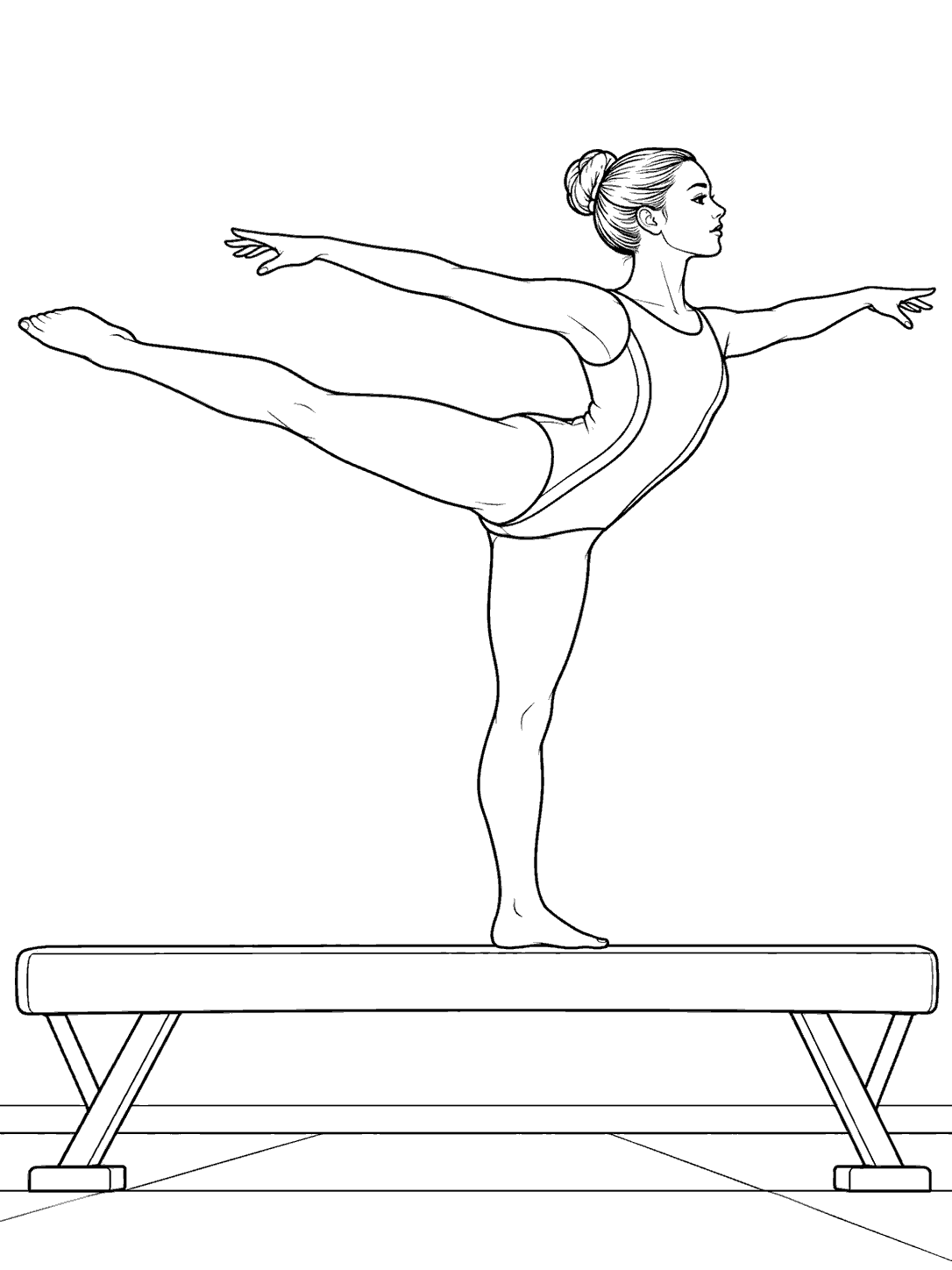 Adult gymnast holding an arabesque balance pose on a beam