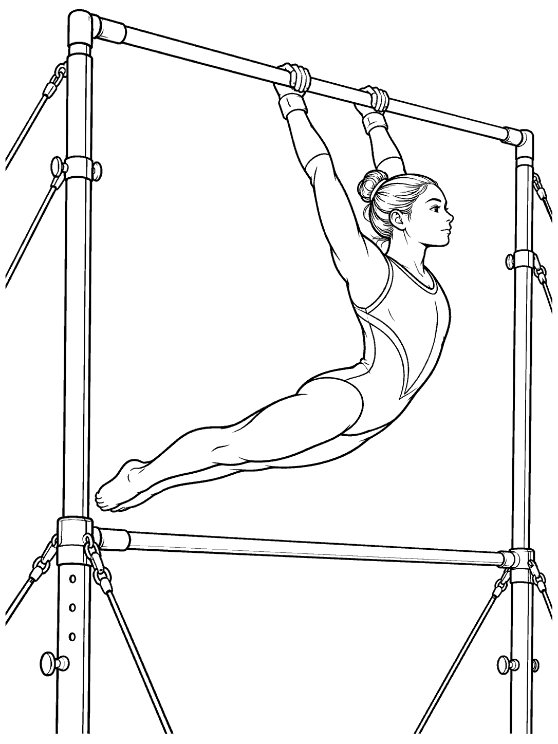 Adult gymnast in profile swinging from the upper bar, with both uneven bars and supports visible.