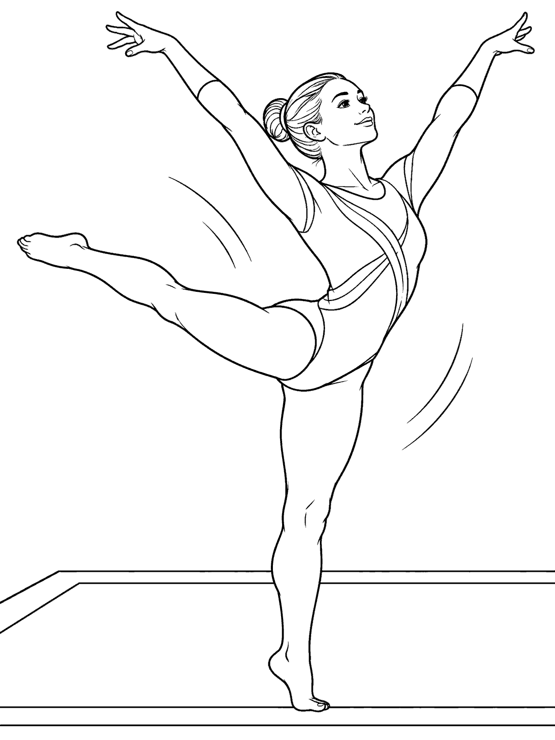 Line-art gymnast in a leotard finishing a floor routine with arms raised and one leg extended