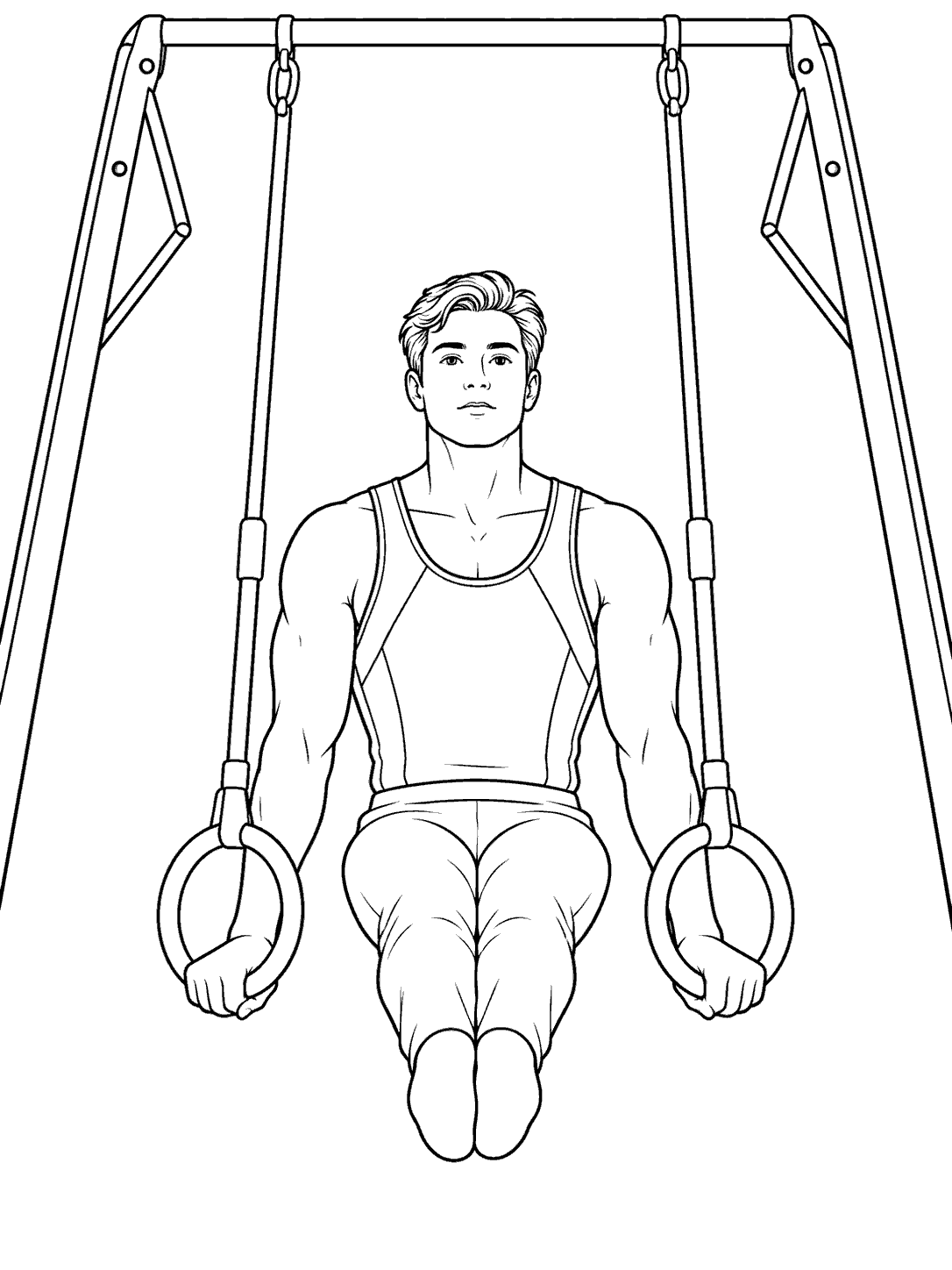 Black-outline coloring page of a gymnast holding a support position on suspended rings and a frame.