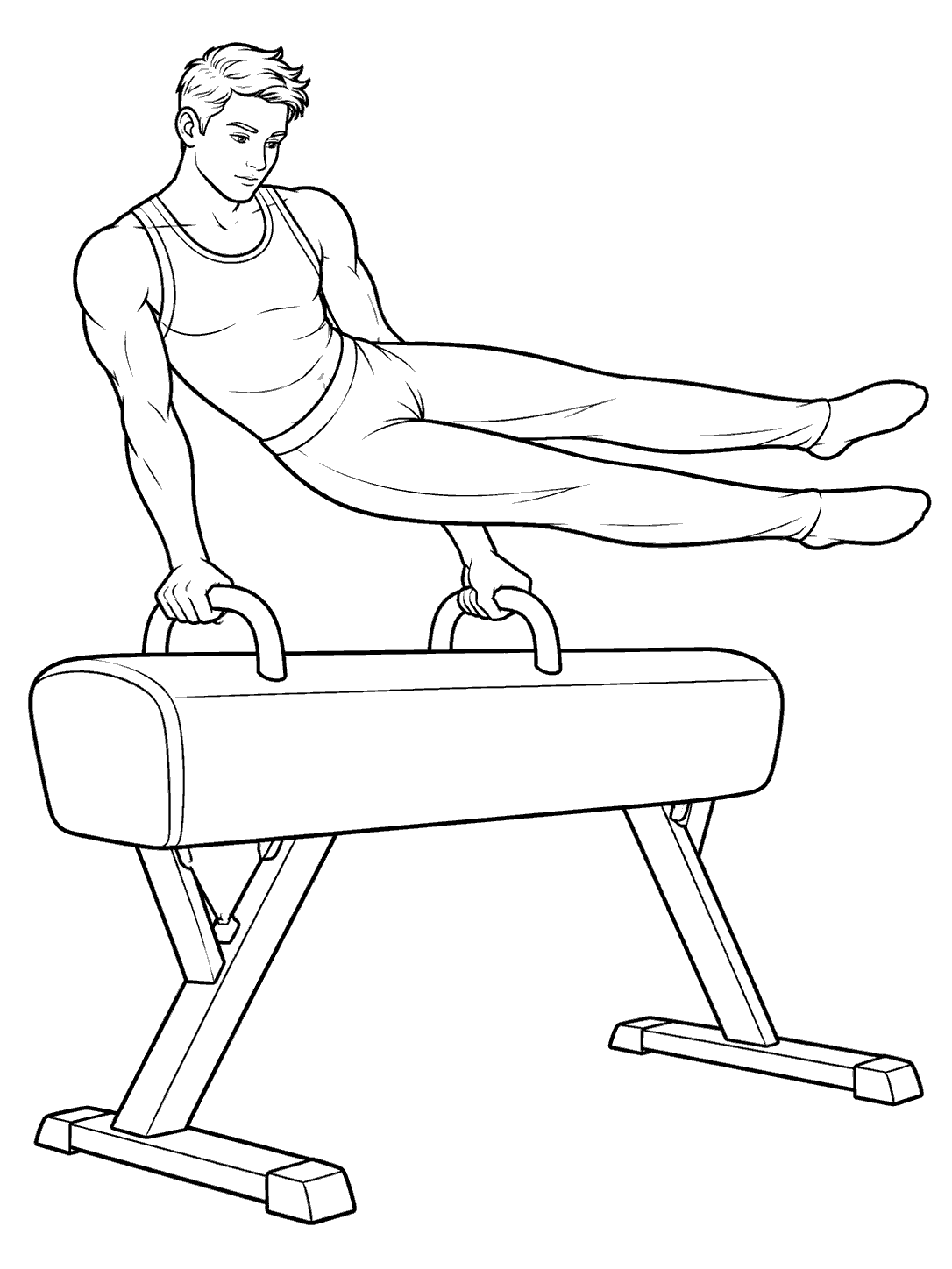 Adult gymnast with legs extended horizontally while gripping the handles of a pommel horse.