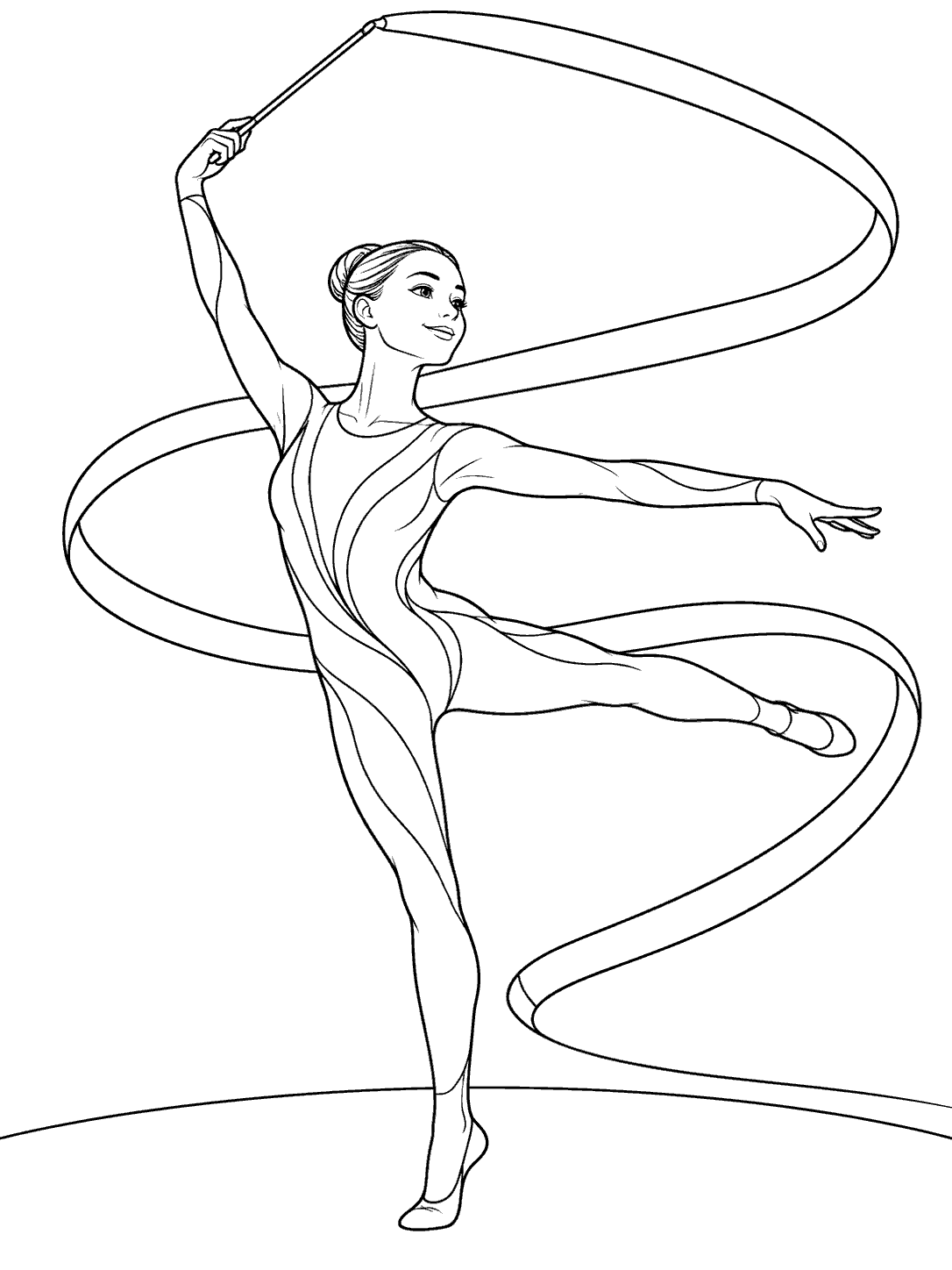Rhythmic gymnast balancing on one foot as she makes three loops with a ribbon.
