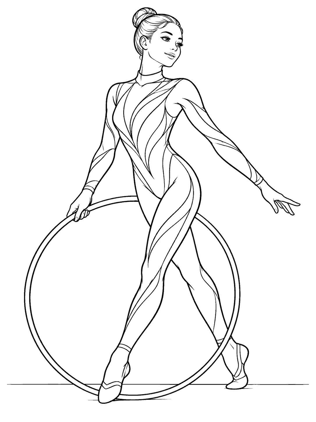 Black-outline coloring page of a rhythmic gymnast in a full-length outfit stepping through a large hoop.
