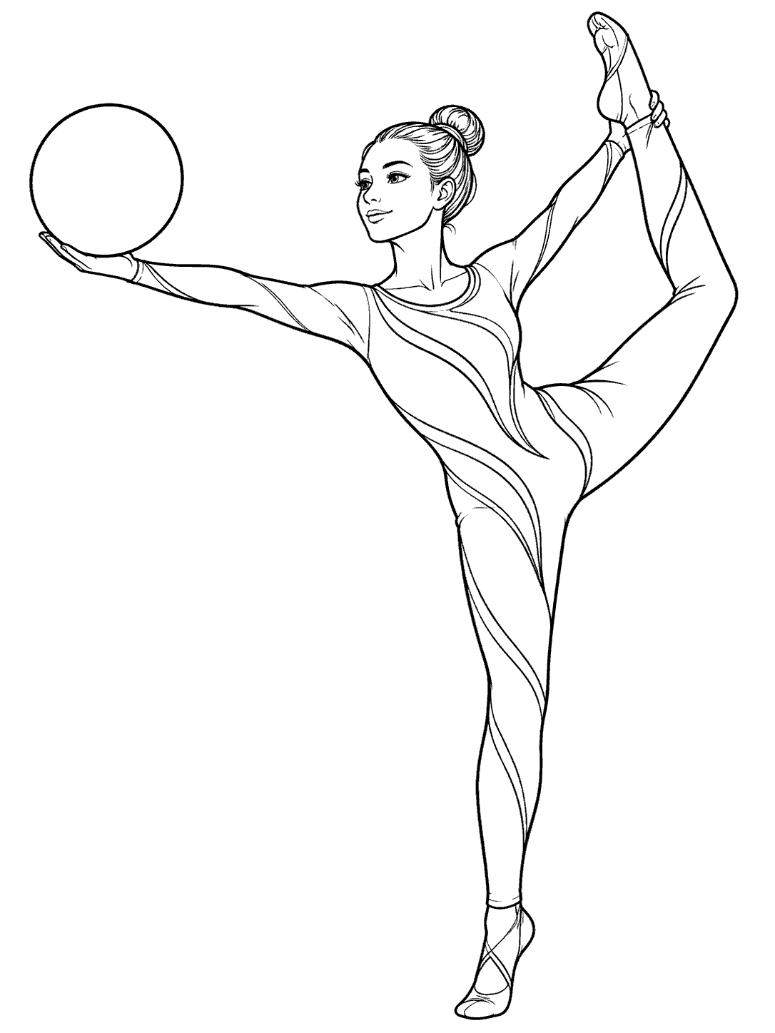 Adult rhythmic gymnast balancing on one leg and holding a large plain ball in her outstretched hand.