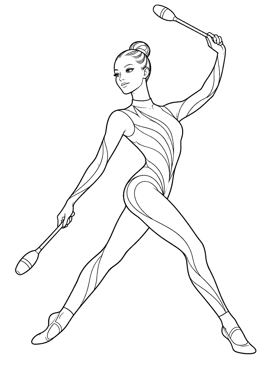 Adult rhythmic gymnast in a full-length outfit holding two clubs at different angles in a wide split stance.