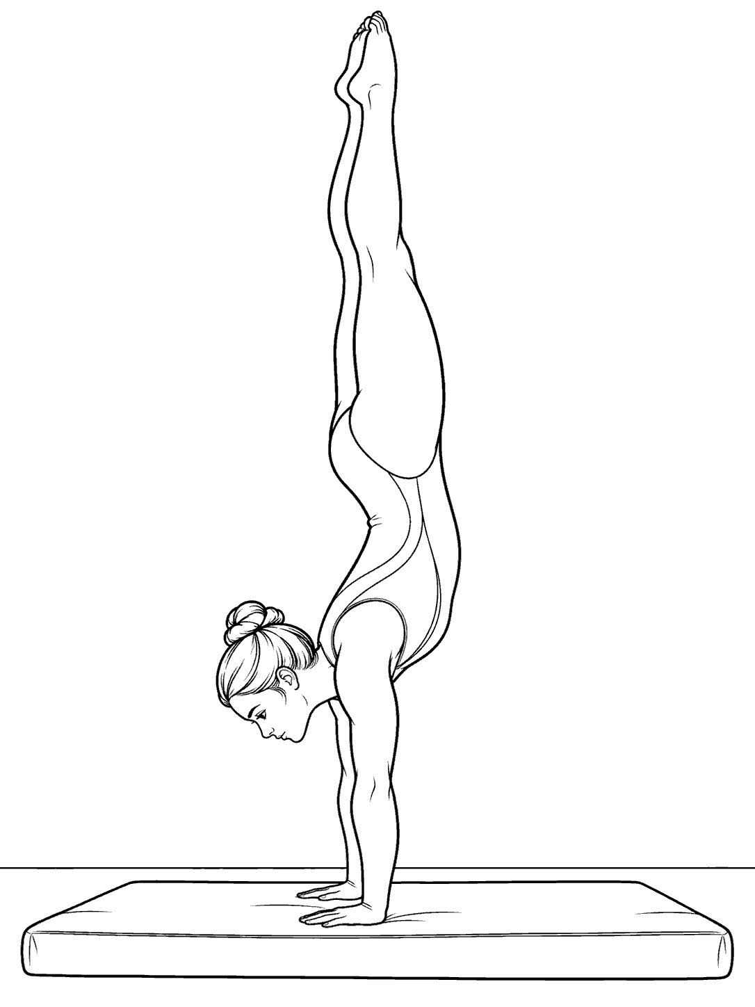 Adult gymnast in a leotard performing a vertical handstand on a padded mat.