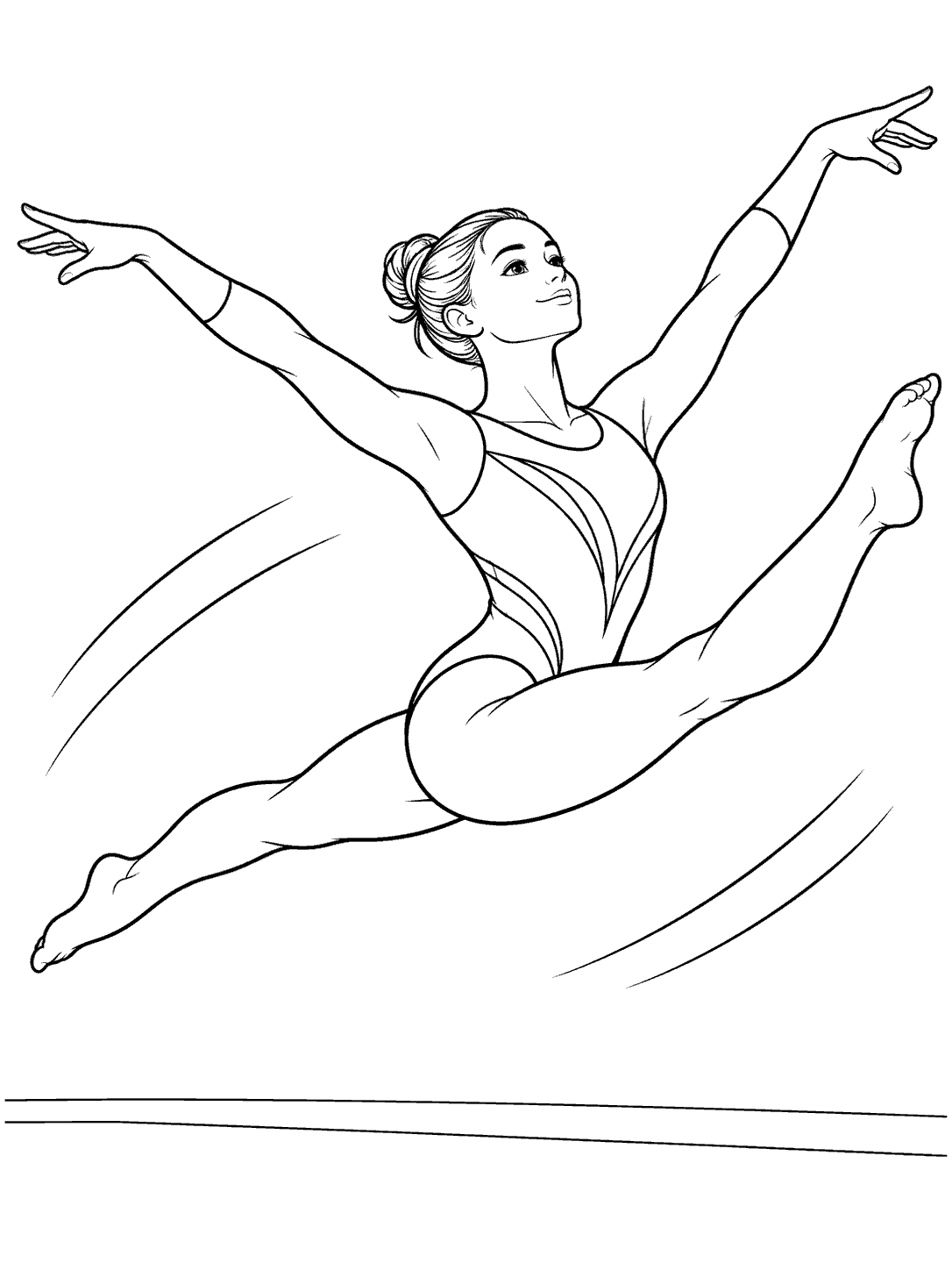 Adult gymnast in a leotard midair in a split leap, arms raised, with motion lines and a ground line.