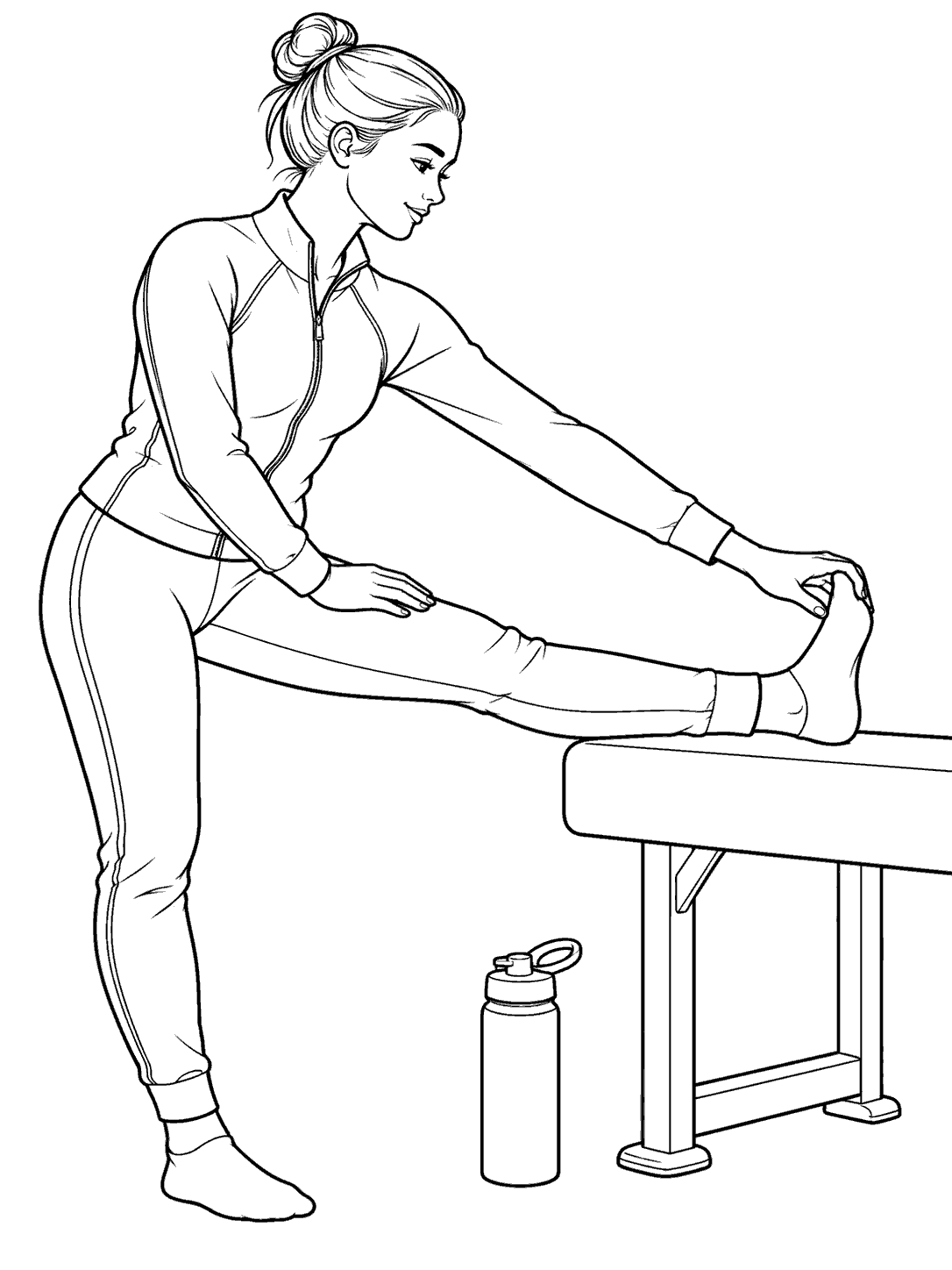 Adult gymnast stretching beside a padded bench with a water bottle nearby